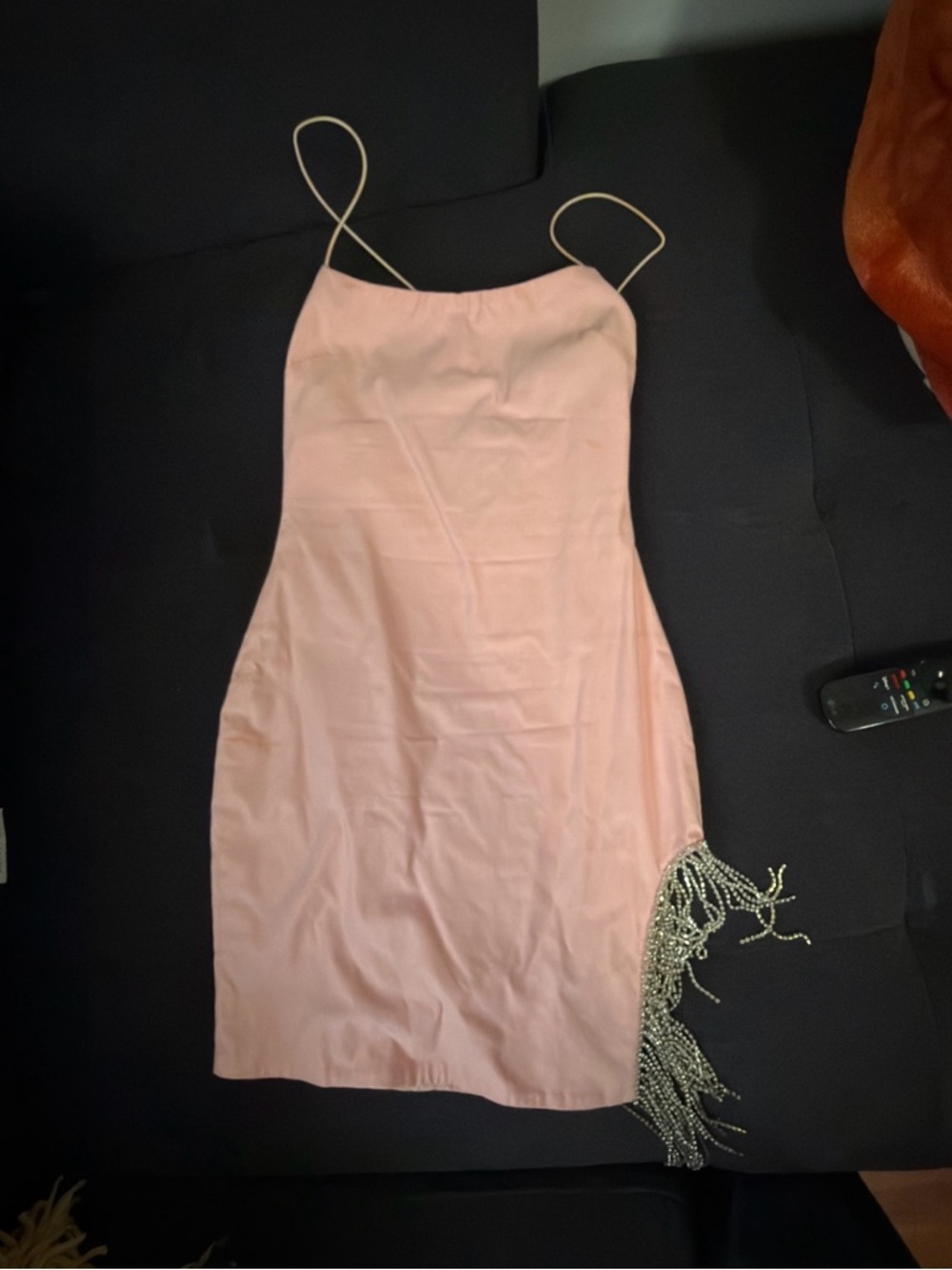 Fashion Nova Blush Pink Spaghetti-Strap Mini Dress with Beaded Fringe